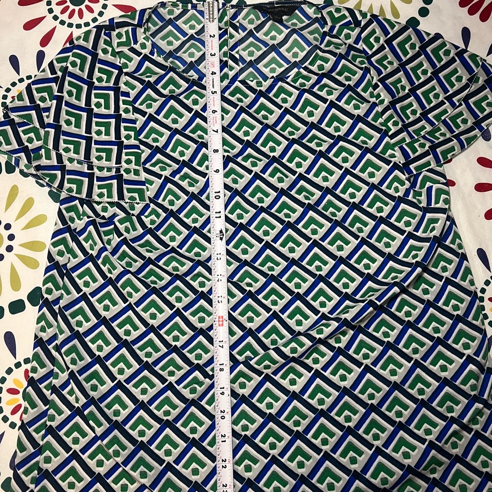 Banana Republic Women's Blue and Green Geometric Print Ruffle Sleeve Blouse - Picture 7 of 7